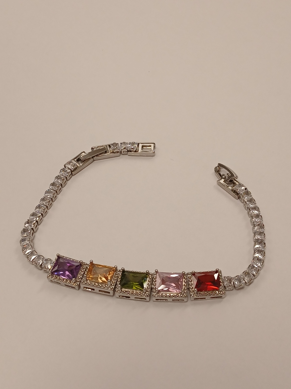 NEW! White Gold Plated Multi-Gem Square Tennis Bracelet W Extender